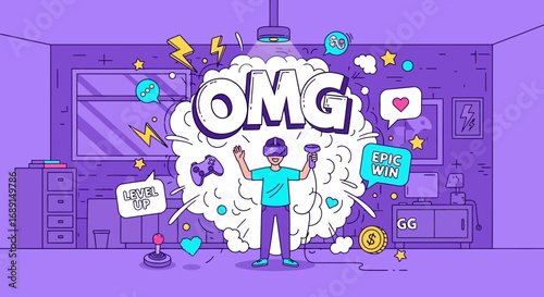 A person is playing a virtual reality game with VR headset in purple gaming room full of icons