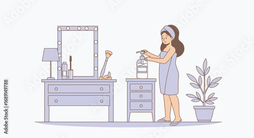 A relaxed woman applying lotion after showering, beauty routine and self care with skin product in