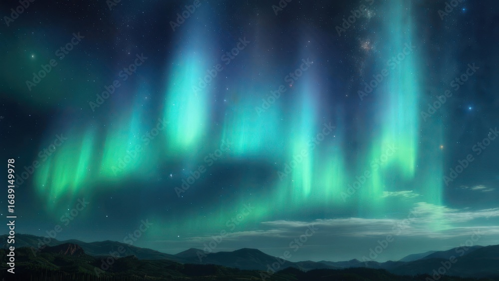 Naklejka premium Night sky with vibrant aurora borealis display over silhouetted mountains