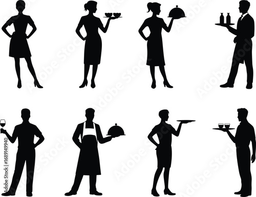 Waiter and waitress silhouettes vector set, restaurant staff illustration, serving drinks, holding trays, catering service, hospitality workers, food service design elements