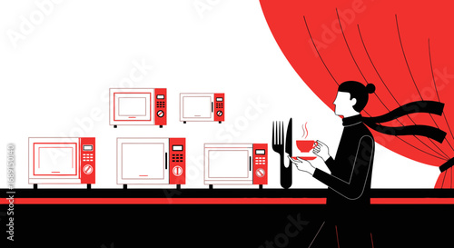 Abstract illustration showcasing microwave ovens and a person holding a cup with utensils for