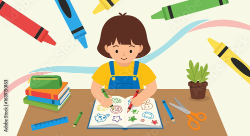 A young girl happily drawing and coloring in a book at her desk surrounded by art supplies