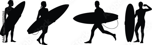 Surfer silhouettes with surfboards, beach lifestyle vector, surfing man and woman, summer ocean sports illustration, active people silhouettes, coastal holiday adventure icons