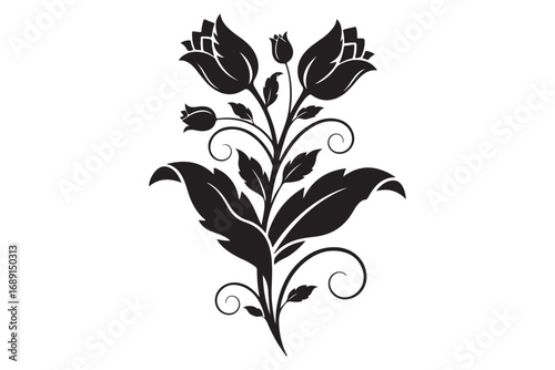 Elegant floral silhouette isolated on white background, showcasing a stylized flower arrangement with intricate leaves, petals, and swirling tendrils for decorative purposes