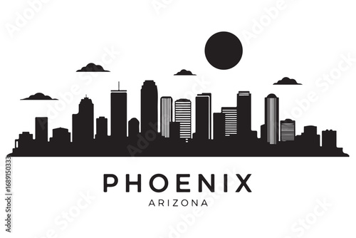 Phoenix arizona skyline silhouette isolated on white background, capturing the citys iconic buildings, landmarks, and the desert landscape with the sun setting