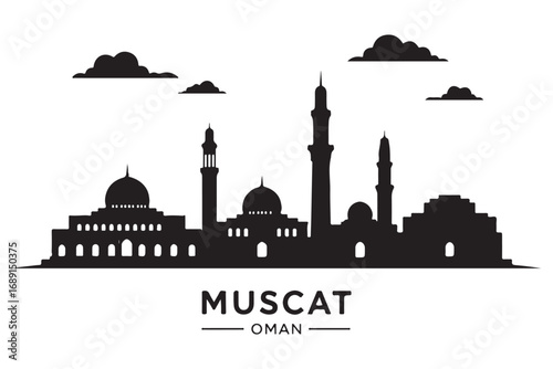Muscat oman skyline silhouette isolated on white background, capturing the citys architectural beauty, cultural heritage, and middle eastern charm in detail