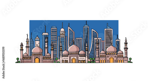 Dubai Skyline Vector Illustration Iconic Skyscrapers and Mosques Travel and Tourism Concept