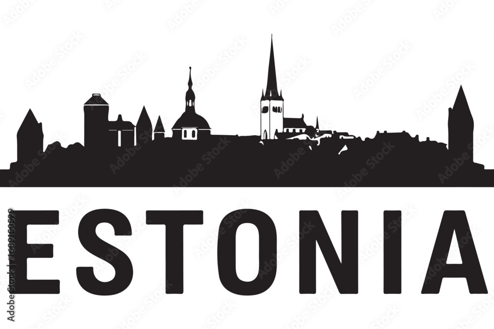 Naklejka premium Black silhouette of the estonia skyline with the country name isolated on white background, showcasing its architecture and national identity