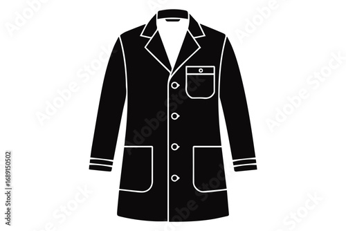 Illustration of a black lab coat with white trim isolated on white background, symbolizing cleanliness, professionalism, and scientific expertise