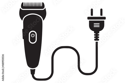 Illustration of a black electric shaver with a cord and plug isolated on white background, representing personal grooming and modern technology