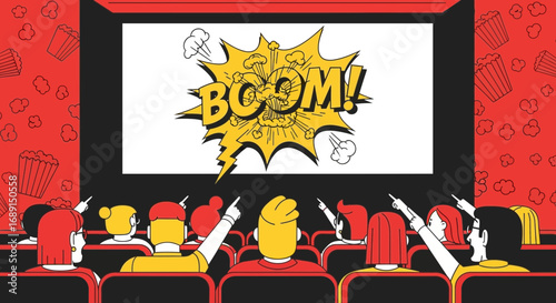 Animated movie theater scene with audience pointing at a boom explosion on screen