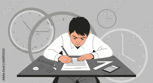 Anxious student taking exam under time pressure illustration vector style