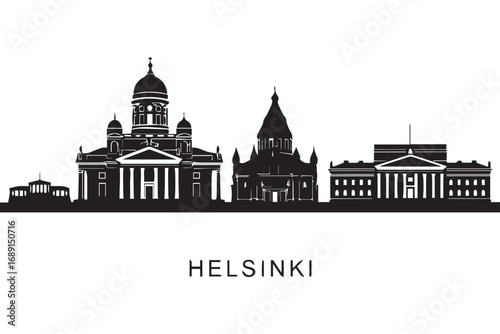 Helsinki city skyline silhouette, finland isolated on white background, showcasing the iconic helsinki cathedral and senate square buildings