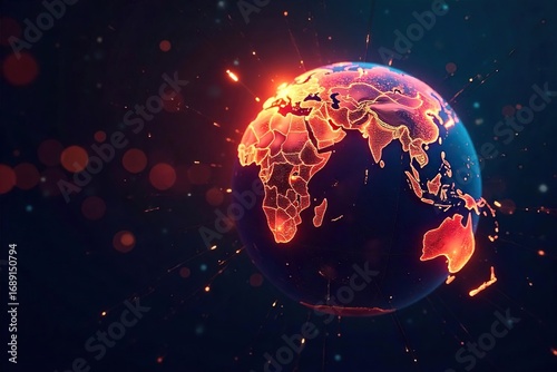 Global network connections visualized as a glowing earth with digital lines radiating outwards, representing international business and communication ,  progress,  connection