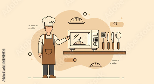 Baker presenting microwave cooking appliance in kitchen interior concept design scene