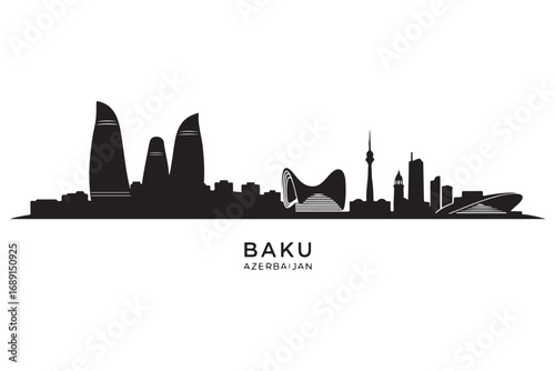 Baku city skyline silhouette isolated on white background, showcasing the modern architecture and iconic landmarks of azerbaijans capital city