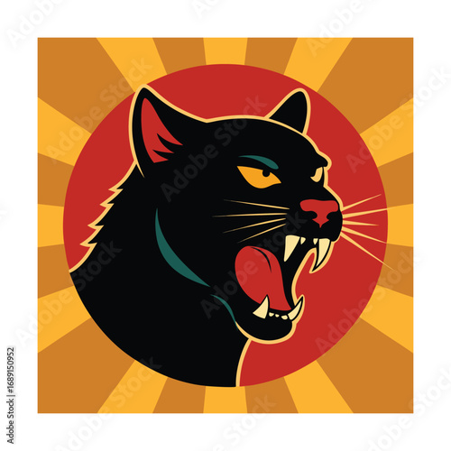 Aggressive black panther head with retro sunburst roaring