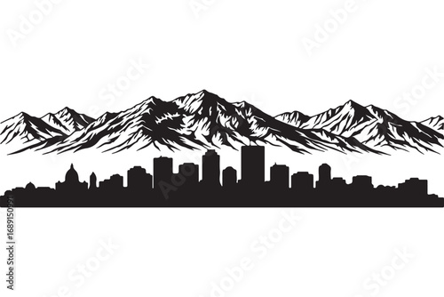 Striking black and white skyline of denver, colorado, isolated on white background, featuring the rocky mountains as a majestic backdrop