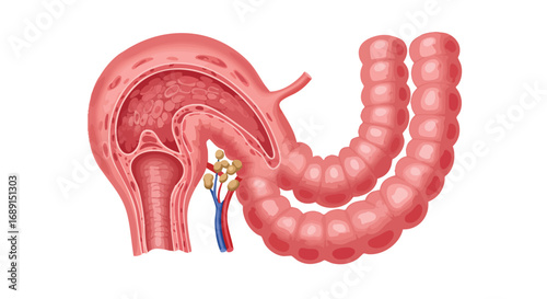 Anatomical illustration showing a cross-section of the stomach or duodenum connected to the small intestine, with associated lymph nodes.