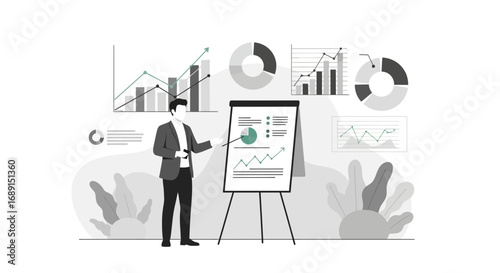 Business presentation with graphs and charts showing market analysis and strategy