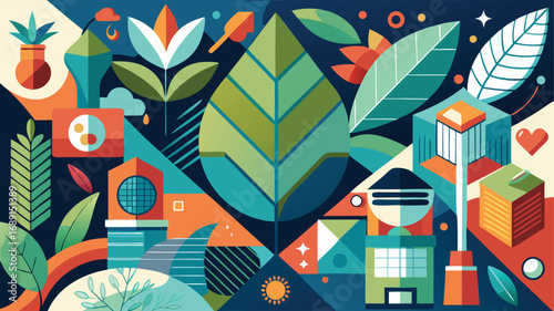 Eco Friendly City with Leaves and Nature Elements EPS Illustration