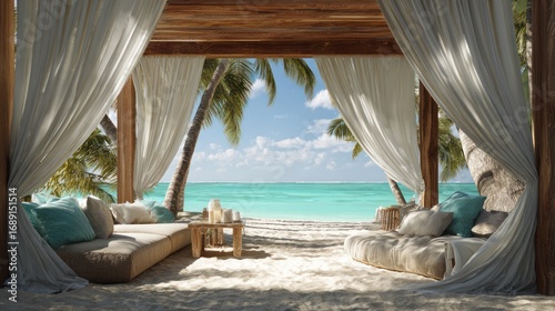 Beach cabana view with ocean  sand  pillows  drapes  wooden frame  and palm trees