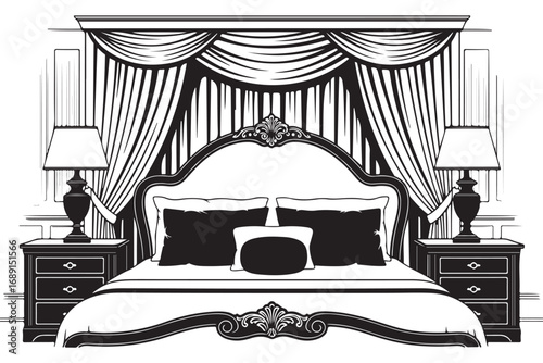 Luxurious bedroom interior isolated on white background featuring an ornate bed, elegant curtains, and classic lamps for a sophisticated ambiance