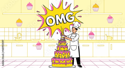 Cartoon baker in kitchen stacking tiered cake with cupcakes and speech bubble omg