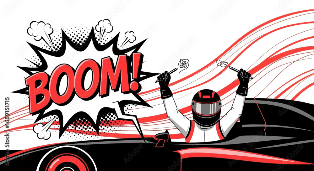 Obraz premium A comic book style illustration of a victorious race car driver in red and black with boom explosion