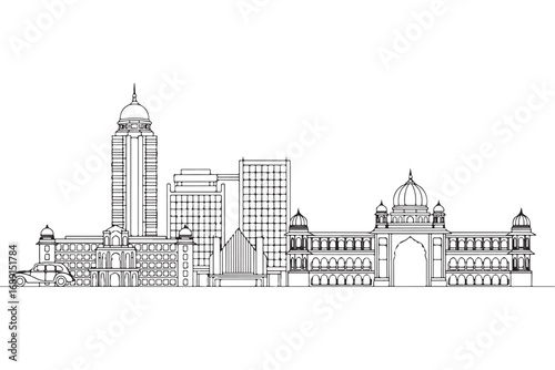 Detailed line art of bangalores skyline isolated on white background, showcasing its unique blend of modern and traditional architecture in india