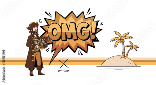 A joyful pirate discovering a treasure chest on a tropical island with palm trees OMG