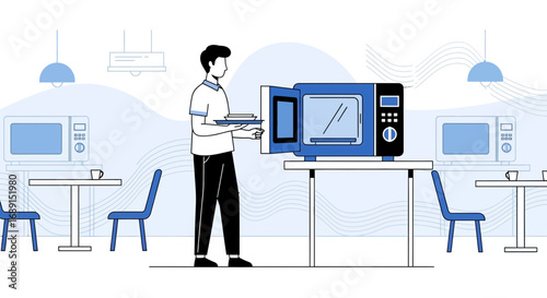 A man preparing food with a microwave in a modern kitchen interior illustration