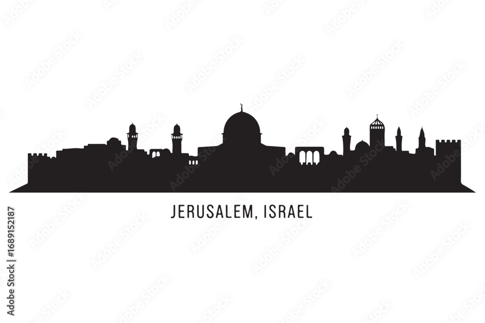Naklejka premium Jerusalem israel skyline isolated on white background, a silhouette of the citys iconic landmarks and historical architecture in a minimalist design