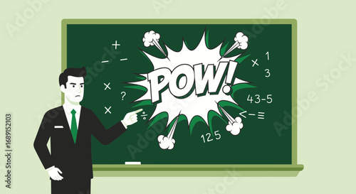 A math teacher shows a chalkboard with math problems and a pow bubble comic design
