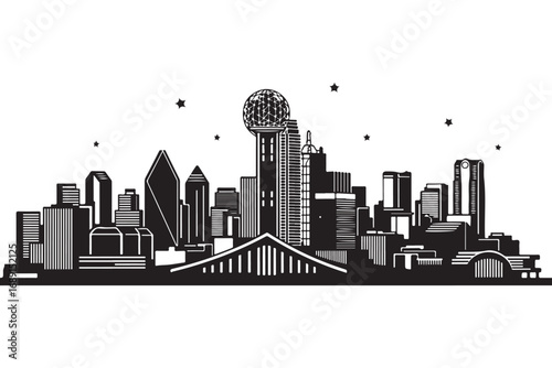 Silhouette of dallas skyline isolated on white background, showcasing the citys modern architecture and iconic landmarks against a clean backdrop
