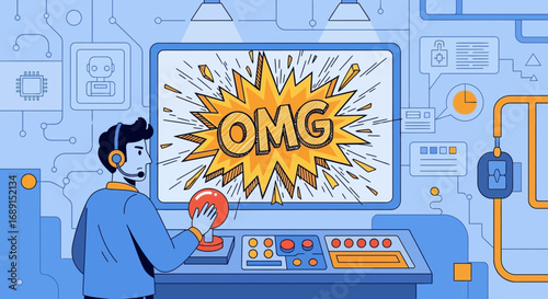 Cartoon illustration of a man operating a complex control panel with OMG message display