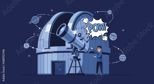 Cartoon Illustration of a Man Using a Telescope in an Observatory with Planets and Stars