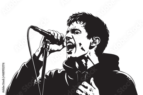 Silhouette of a singer isolated on white background, capturing the passion and energy of a performer in action, conveying emotion through music