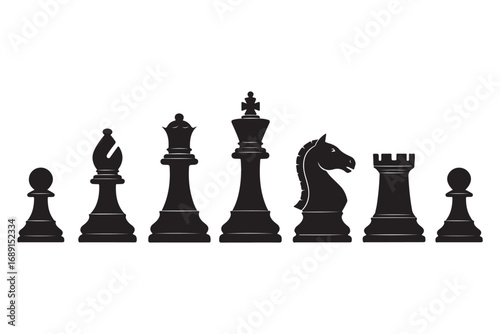 A set of chess pieces, including a pawn, bishop, queen, king, knight, and rook, arranged in a row, isolated on white background, creating a classic game scene