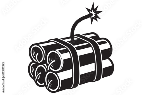 Illustration of a bundle of dynamite sticks with a lit fuse, isolated on white background, creating a dangerous and explosive scene with a sense of urgency
