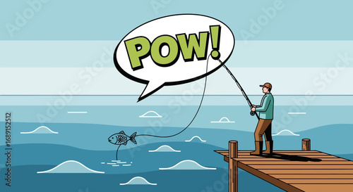 Cartoon Illustration of Fisherman Catching Fish with Comic Book Style 'POW!' Bubble