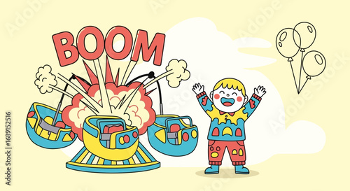 Cartoon illustration of amusement park ride with explosion and happy child celebration