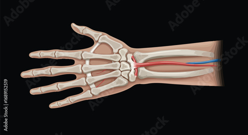 Diagram of the human hand and wrist bones, showing skeletal structure and blood vessels.