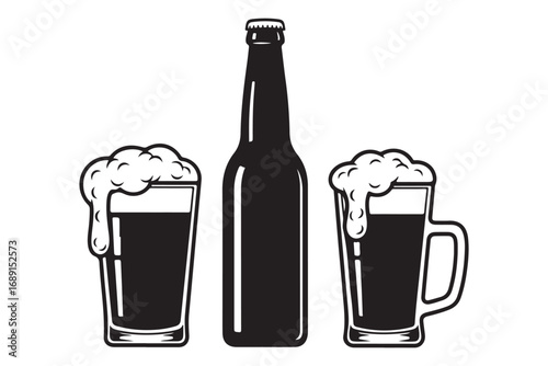 Black and white illustration of beer bottle and mugs, isolated on white background, representing refreshment, celebration, and the brewing industry