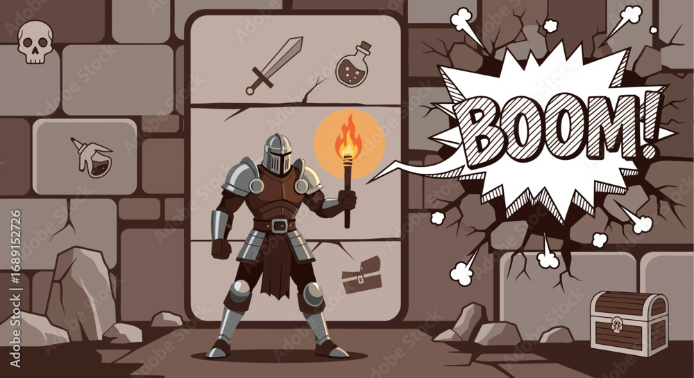 Obraz premium Cartoon knight with torch exploring dark dungeon full of traps and treasures with boom