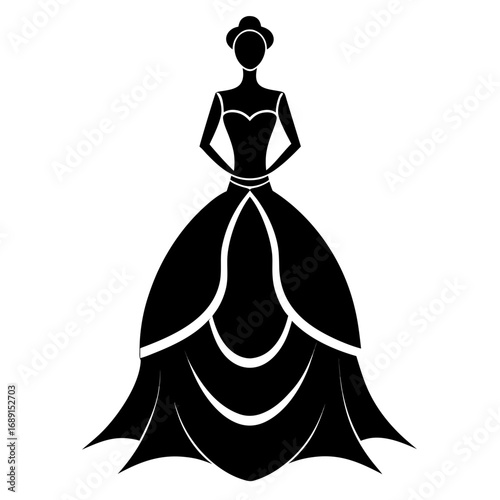 Elegant Ball Gown Black Silhouette Vector Illustration on White Background