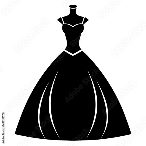 Elegant Ball Gown Black Silhouette Vector Illustration on White Background