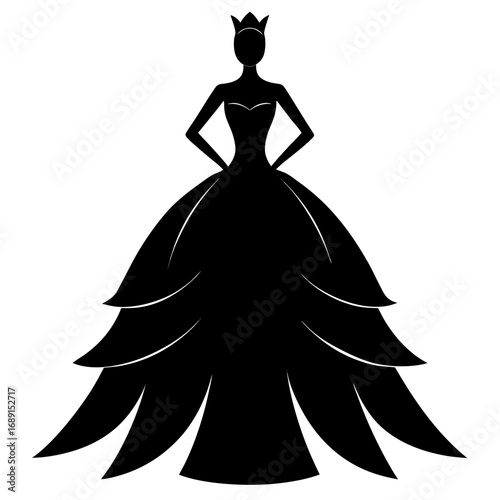 Elegant Ball Gown Black Silhouette Vector Illustration on White Background
