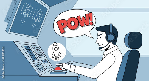 Cartoon of a man launching rockets from a control center with comic book pow effect for vector