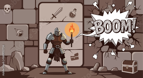 Cartoon knight with torch exploring dark dungeon full of traps and treasures with boom
